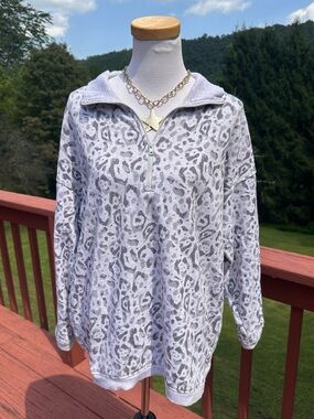 Aerie Light Gray Leopard Oversized Quarter-Zip Pullover